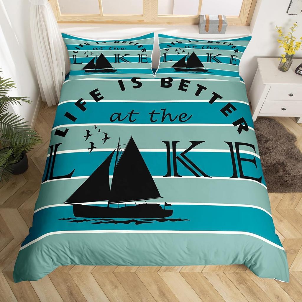Rustic Farmhouse Duvet Cover Summer Lake Bedding Set For Boys Men Twin Flip Flop Paddle Quilt Cover Vintage Wood Texture Bed Set