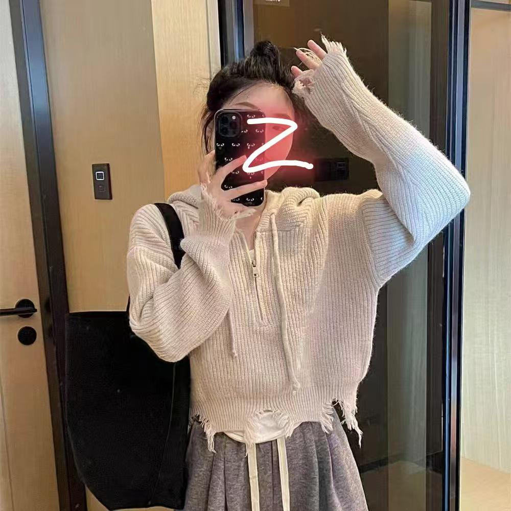 2025 Women's Korean Style Loose Tassel Sweater with Hooded Zipper and Torn Edge Design for Autumn Winter