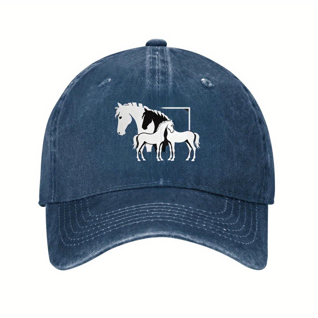 Horse Family Print Denim Baseball Cap Adjustable Washed Cotton Dad Hat Casual