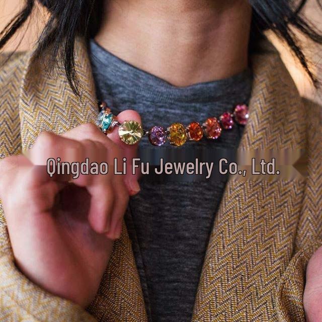 French Niche Colorful Zircon Necklace & Bracelet Set - Women's High-End Retro Choker Jewelry