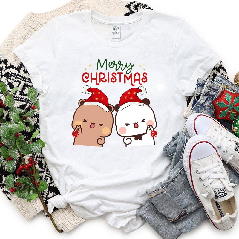 Merry Christmas Cute Funny Bubu Dudu Cartoon Emoticon Graphics Tshirt Ulzzang Men Woman Cotton Tees Trendy Holiday Party Shirt