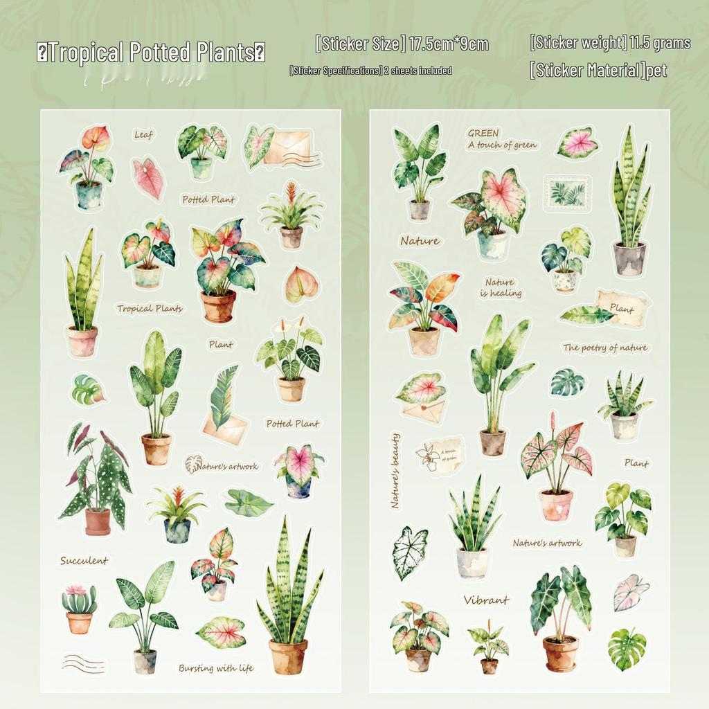 Yuxian Plant Oxygen Series Retro Plant Stickers for Journals - 2 Sheets, 4 Styles