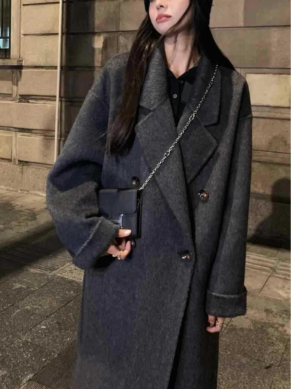 

Женское шерстяное пальто средней длины двустороннее - Толстое серое зимнее издание 2025 года Medium