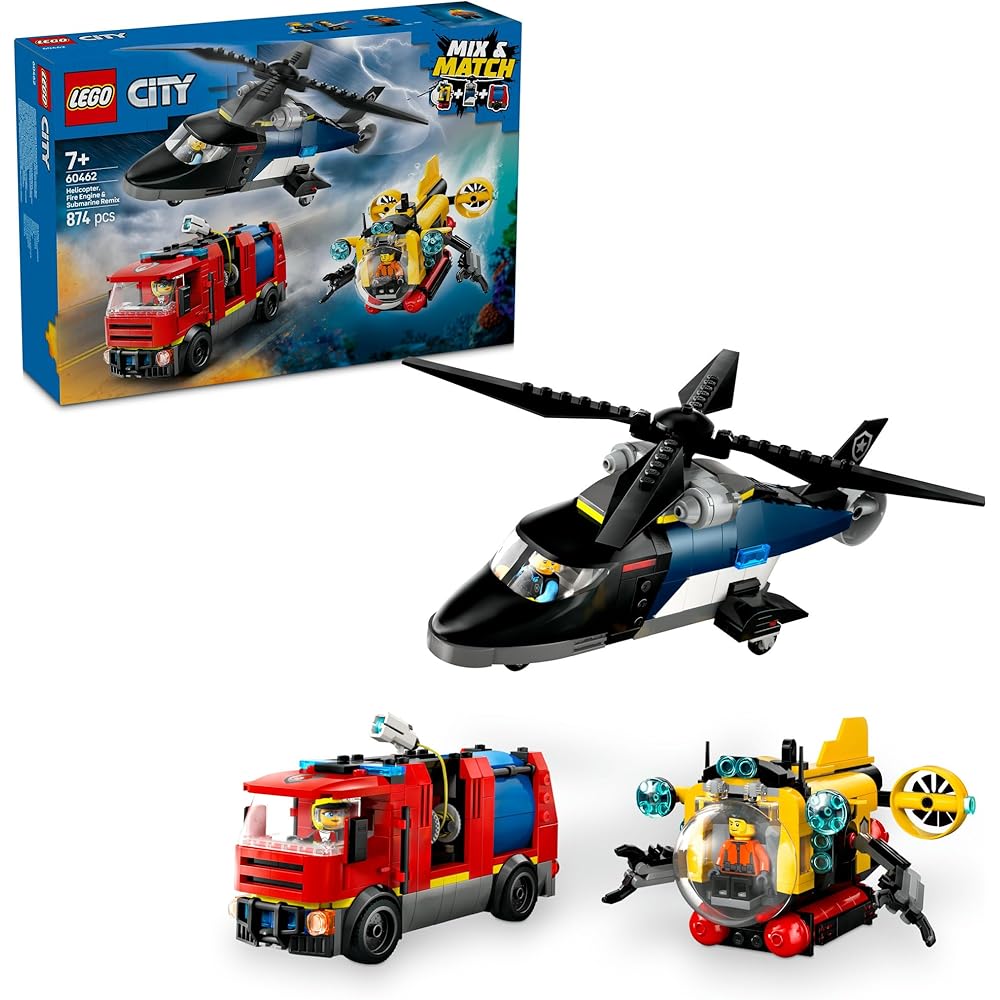 LEGO City Helicopter Fire Truck Submarine Combo Toy Set for Kids Ages 7-9 Building Blocks