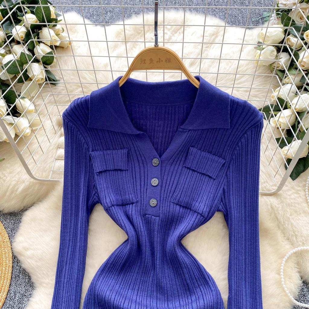 Spring Autumn Women Elegant Polo Collar Full Sleeve Knitted Sweater Mini Short Sheath Dresses