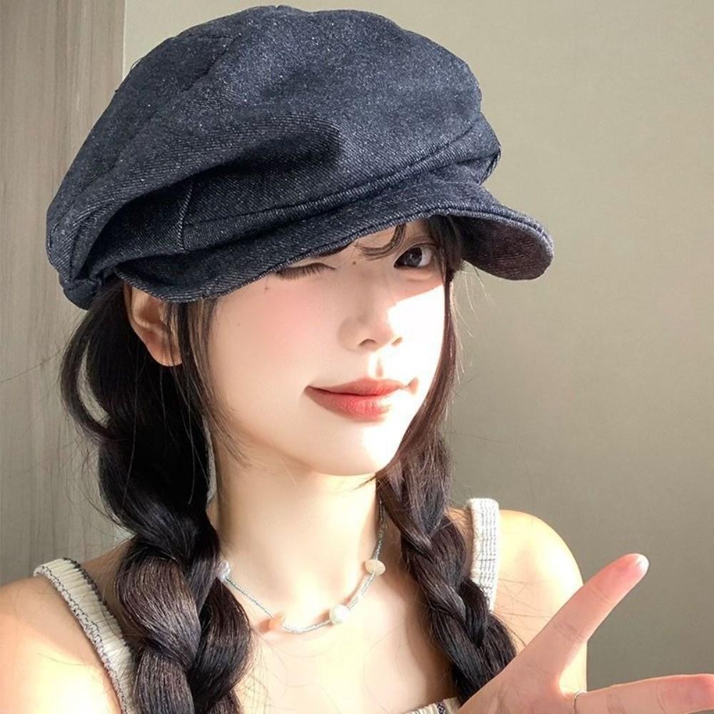 Japanese Octagonal Cap Cloth Pleated Painter Hat Fashion Denim Beret  Women