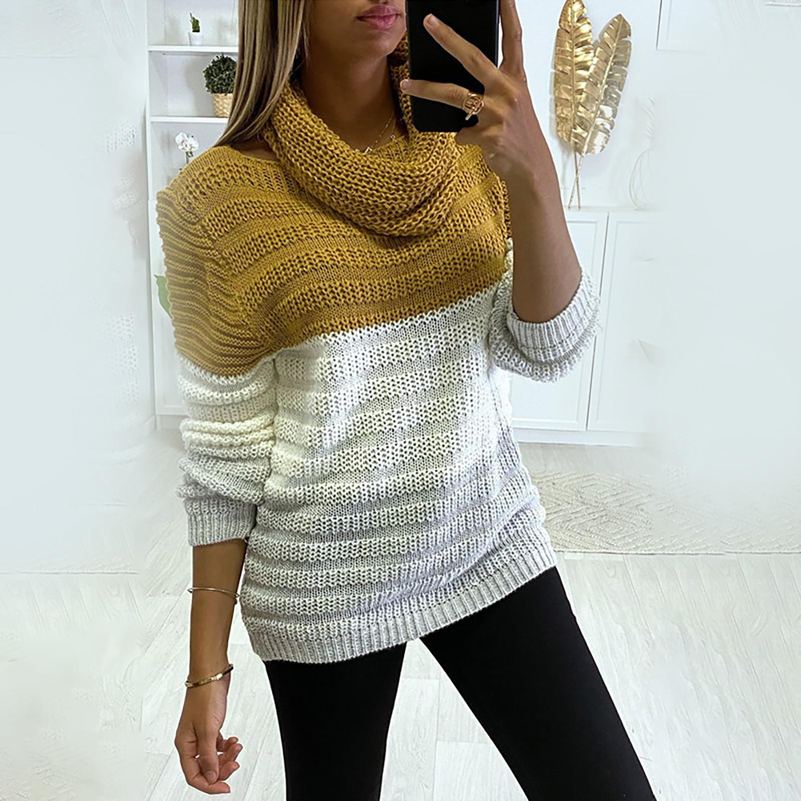 

Женский повседневный свободный вязаный свитер с длинными рукавами и круглым вырезом с цветными блоками L жёлтый