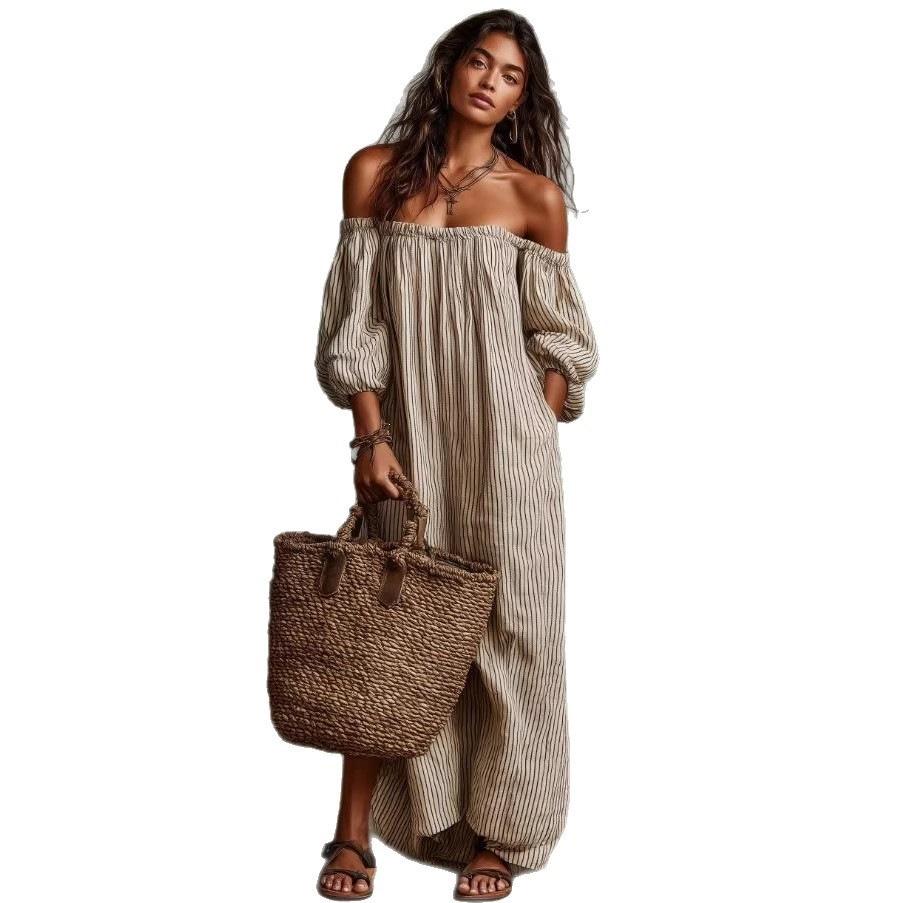 Vestido de verano europeo y americano nuevo, elegante, casual, suelto, con cuello de una palabra, a rayas