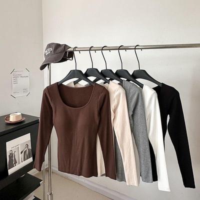 Women's Thermal Brushed Long-Sleeve Square Neck T-Shirt with Chest Pad