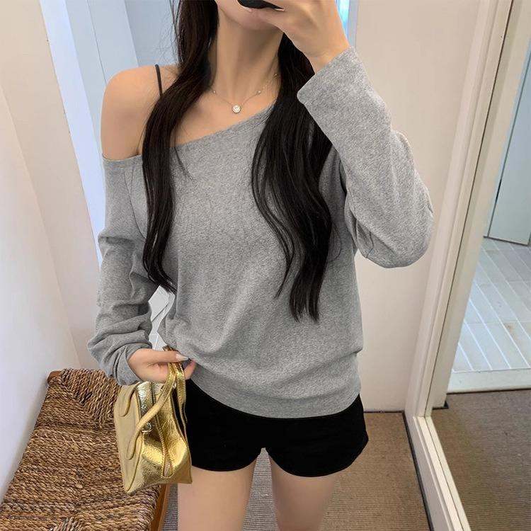 Oversize Off shoulder Long sleeve T shirt Women Solid color Casual Tops Lady Spring Autumn Basic Tees Korean style Youth Blouses