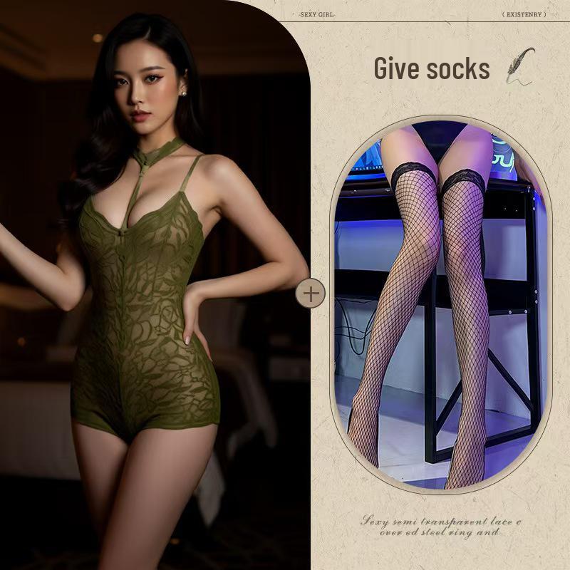 Seductive European Lace Halter Bodysuit - See-Through Sleepwear for Women