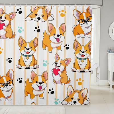 Puppy Shower Curtain Set Cartoon Corgi Shower Curtain for Teens Boys,Lovely Pup Dog Bath Curtain Doggy Cute Pet Toilet Lovely