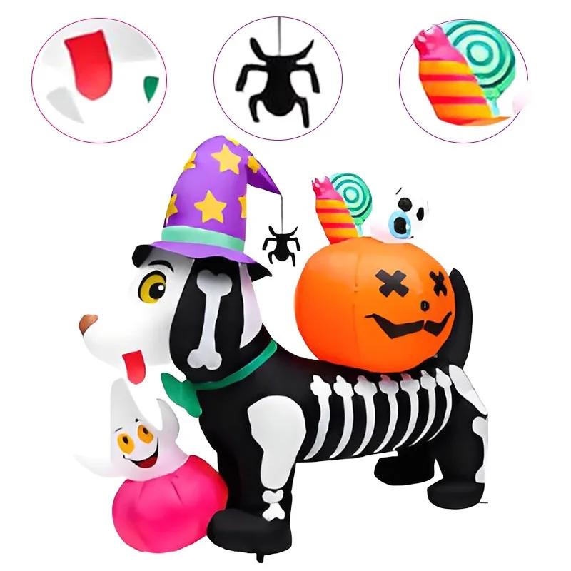 5FT Halloween Outdoor Inflatable Toys Decorations Skeleton Dog with Pumpkin LED Light Up Blow Up Outside Lawn Inflatable Model