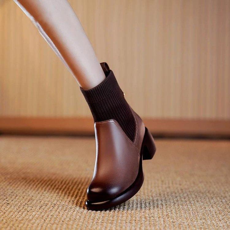 2025 autumn and winter new thick heel French retro elegant velvet Martin boots women's versatile British fashion stretch socks boots