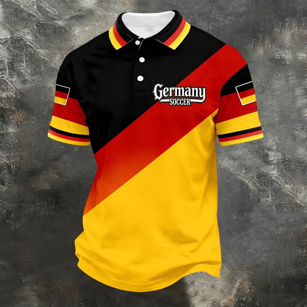 Unisex Casual Loose Fit Short Sleeve Polo Shirt with Germany Inspired Graphic Print and Button Collar for Everyday Wear