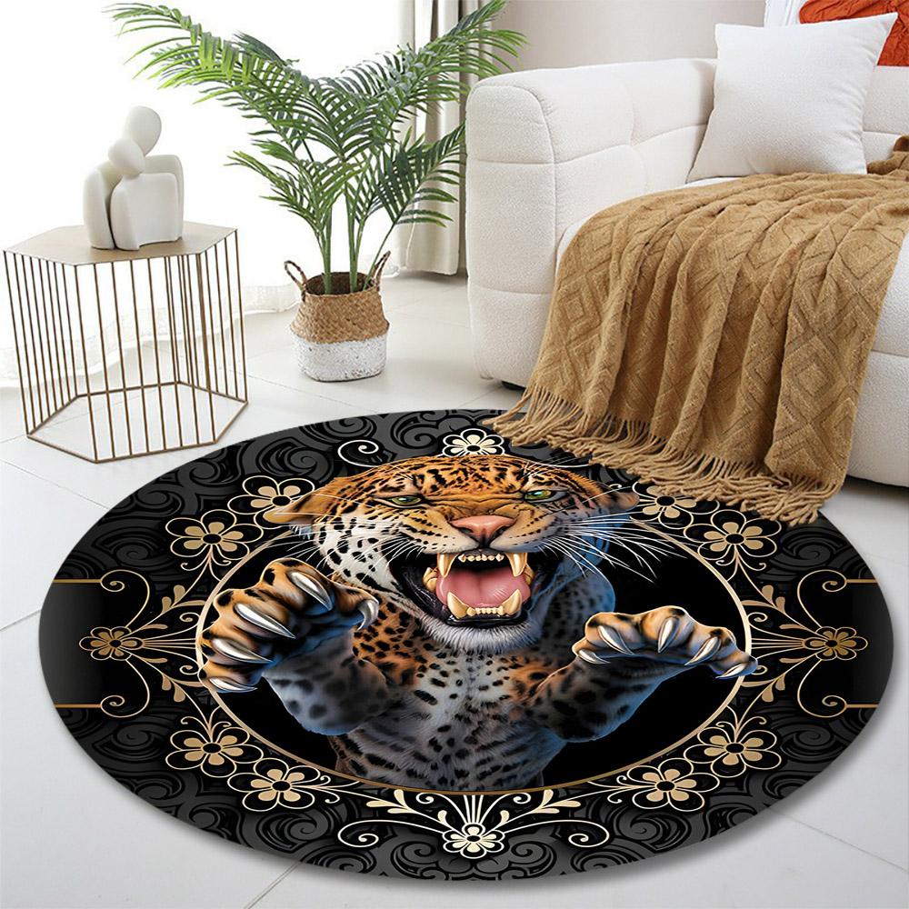 Fierce Leopard with Elegant Florals Print round rug, living room, bedroom, playroom carpet, non slip floor mat, gift