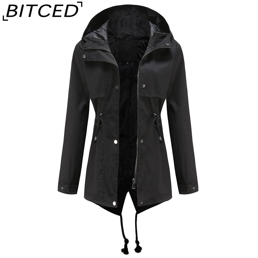 BITCED Lightweight Trench Coat Mid-Length Hooded Jacket Long Sleeves Fitted Waist Outdoor Rainproof Clothing