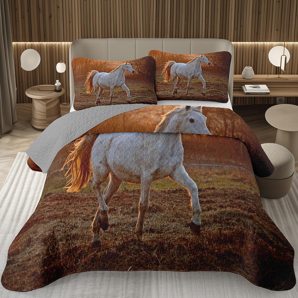 Wild Horse Bedspread Queen/Full Galloping Horse Pattern Quilted Bedding Set Farm Animal Coverlet Set Reversible Rustic Bed Cover