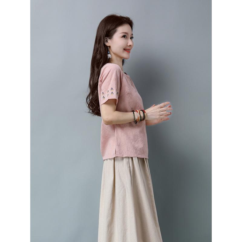2026 Summer Ethnic Style Women's Embroidered Cotton-Linen V-Neck Short Sleeve Loose Plus Size Top