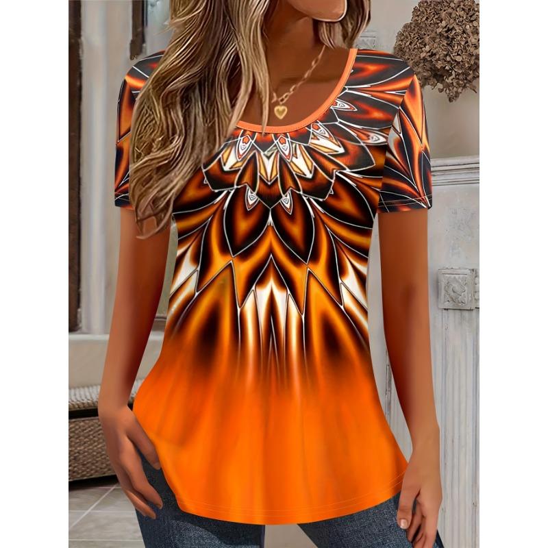 Summer women's fashion gradient printed short sleeved T-shirt round neck loose casual T-shirt top women's clothing