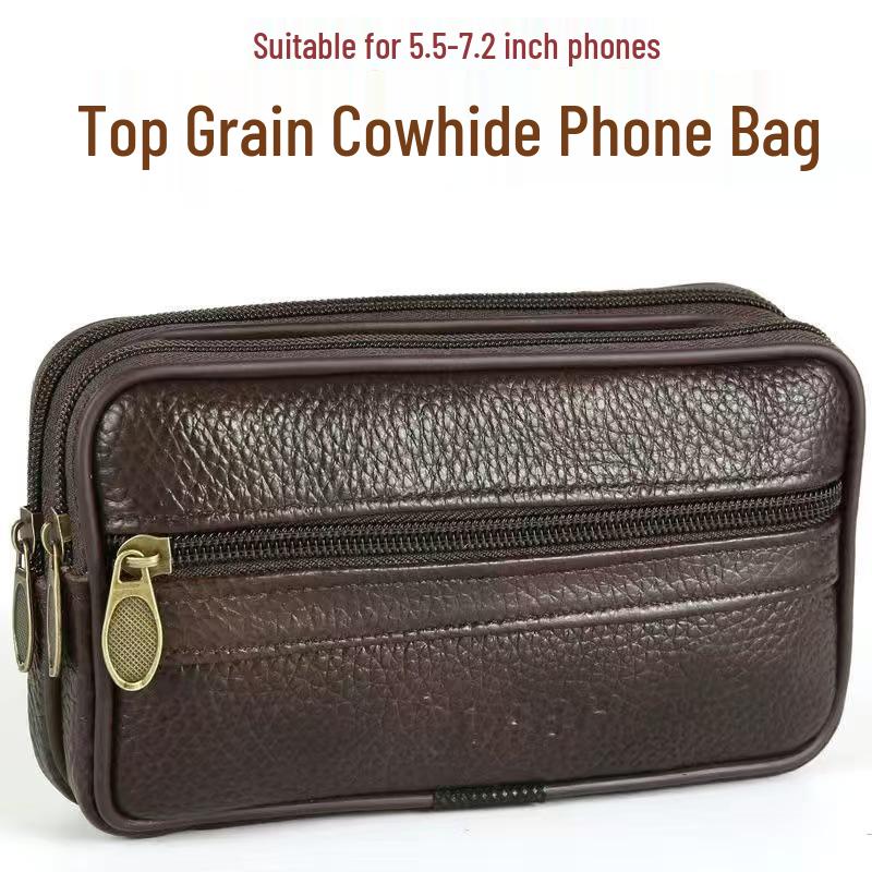 Men's Cowhide Leather Phone Waist Bag - Durable Vertical & Horizontal Styles for Sports & Construction Sites