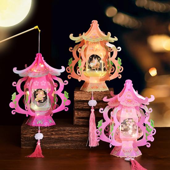 Handmade Chinese Traditional Lantern Kit Handcrafted Handheld 3D Hollow Chinese Palace Lantern with Lotus Tassel for Spring Festival Decoration