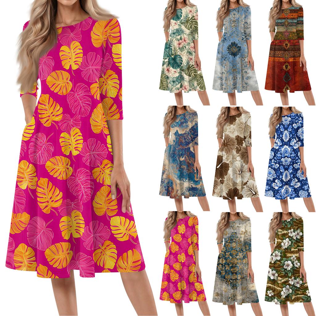 Women's Casual Fashion Round Neck Three Quarter Sleeve Printed Midi Dress