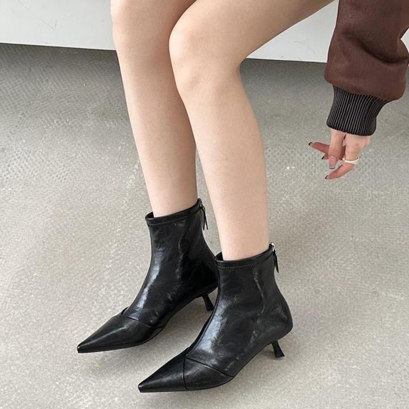 Podzimní Kotníkové kozačky z měkké kůže se špičatou špičkou Dámská móda Zipy Silné podpatky Boty Streetový styl Mordern Krátké Botas Mujer