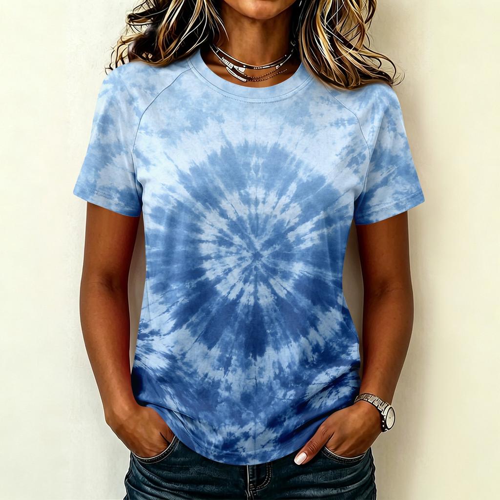 Damen Freizeit Kurzarm Raglan T-Shirt Rundhals Batik-Print Leichtes Weiches Gewebe Sommer Oberteil