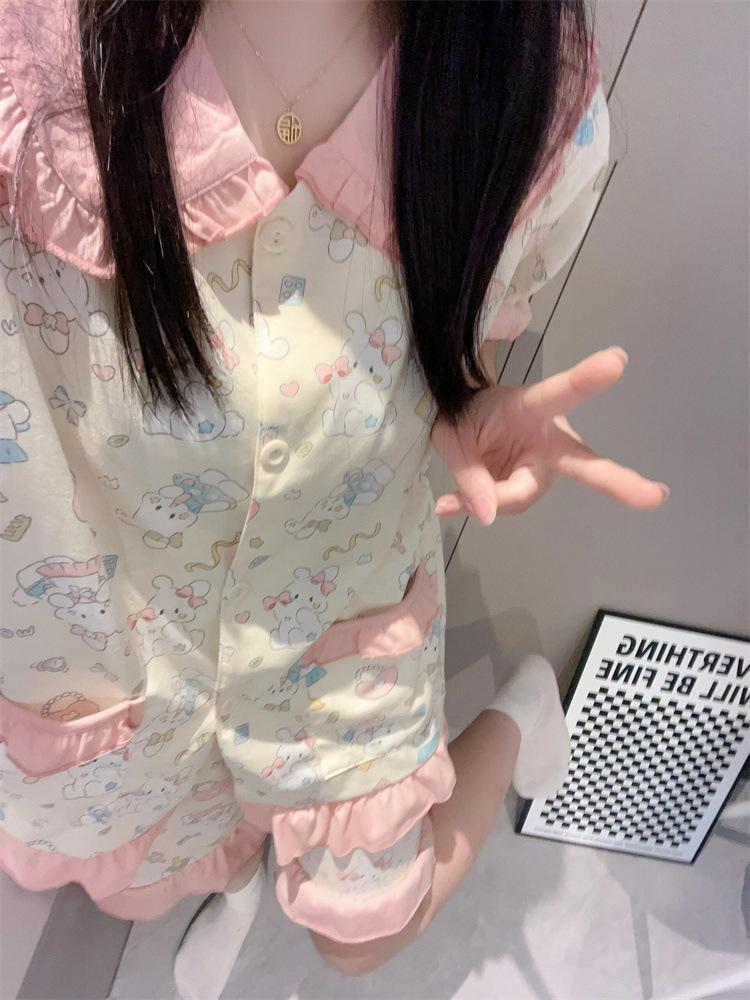 

Internet celebrity new pink bunny pajamas women s summer doll collar short-sleeved shorts set student dormitory loungewear S