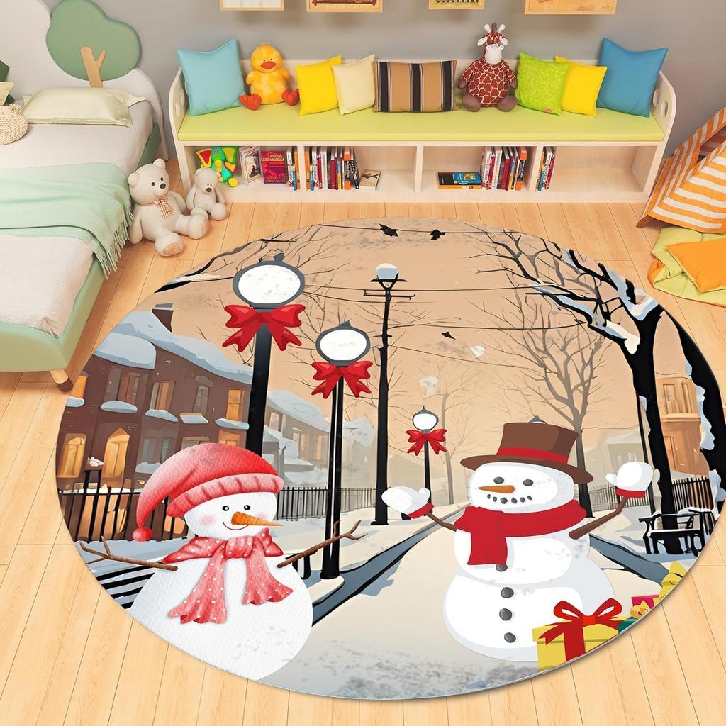Merry Christmas Round Area Rugs Christmas Tree Red Plaid Rug for Living Room Carpets, Breathable Rug for Kids Room Floor Mat
