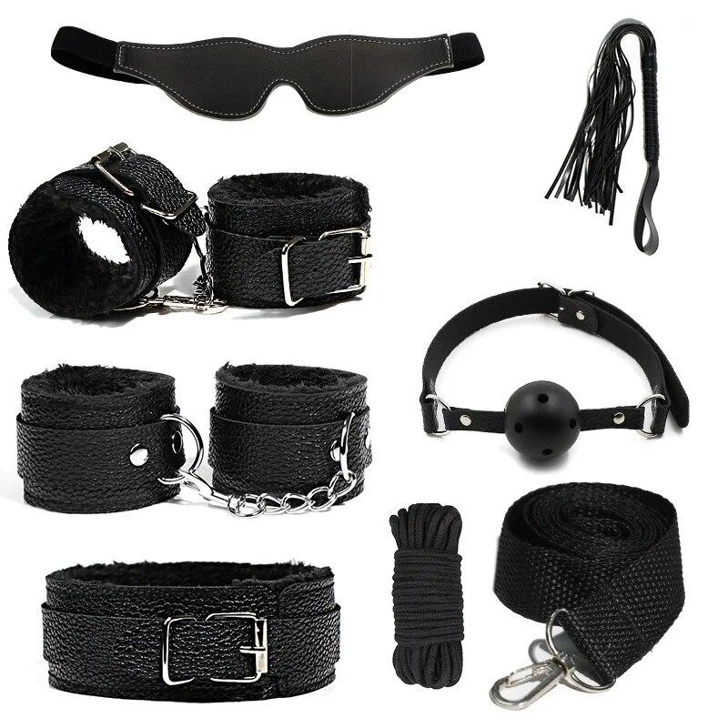 7pcs/set PU Leather SM Bondage Set Sex Handcuffs Footcuffs Whip Rope Eye Blindfold Adult Games Erotic Toys Couples Products Shop