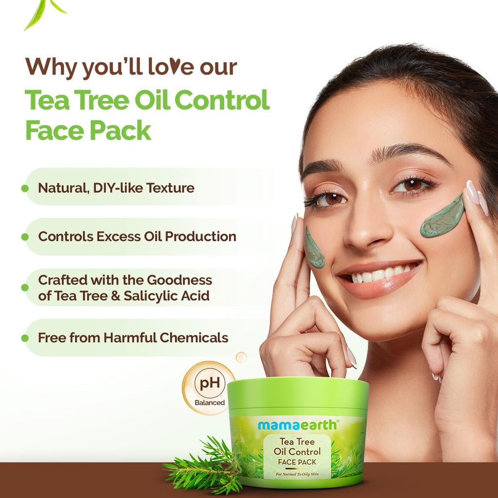 Mamaearth Tea Tree Oil Control Face Pack For Oily Skin 200G Clay Mask Clears Pores Reduces Acne DIY Texture No Harmful Chemicals