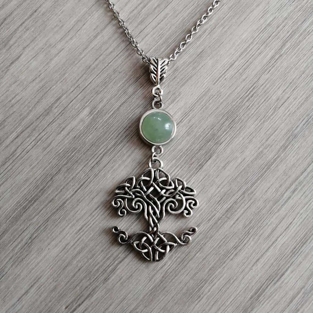 Retro Hollowed-out Tree of Life Celtic Knotwork Crystal Natural Stone Necklace for Women Halloween Party Jewelry Accessory Gifts