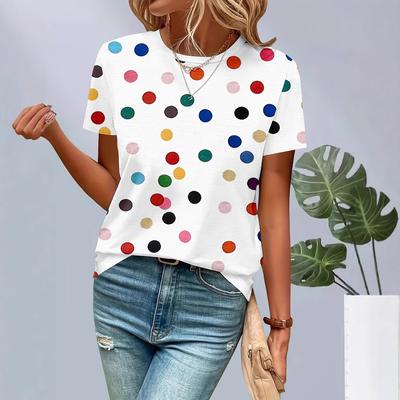 Summer Round Neck 3D Colorful Polka Dot Print Top Fashionable Casual Short Sleeved Women's T-shirts