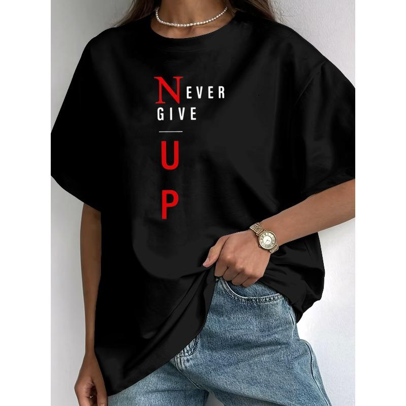 Women s  Never Give Up  Inspirational Graphic Tee Motivational Modern Print Casual Top S чёрный
