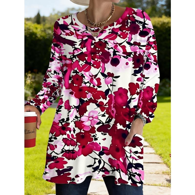 Women s large size pink floral print long sleeve T-shirt with pockets for women S