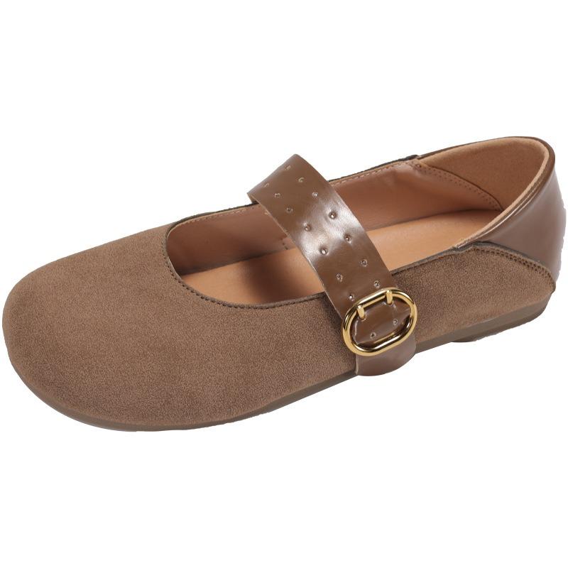 Round head low thick heel shallow mouth single shoes women's spring and autumn new comfortable one-word buckle Mary Jane shoes