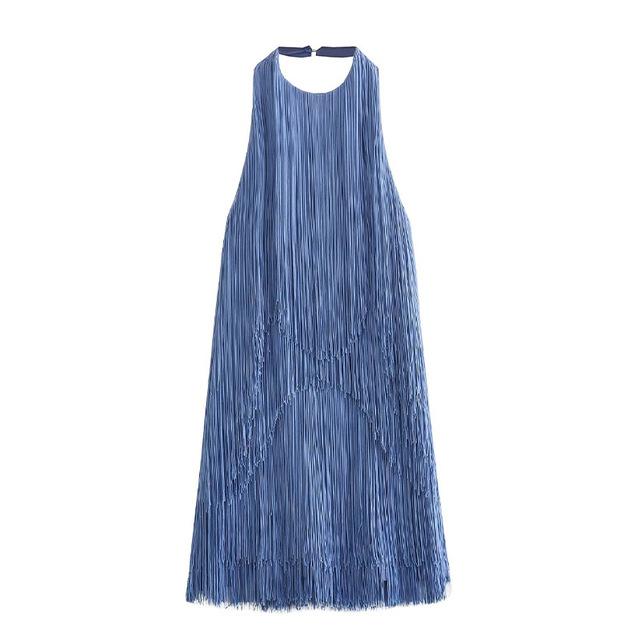 

Женское модное однотонное платье с лямкой на шее и кисточками на спине, элегантное сексуальное мини-платье без рукавов, лето 2023, женские шикарные вечерние платья M синий