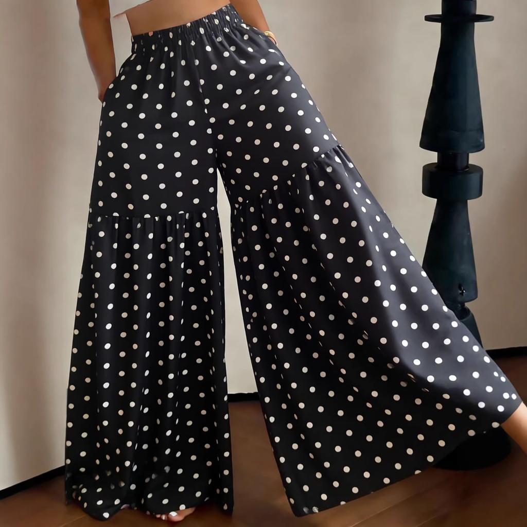 Women's High Waist Wide Leg Pants Loose Fit Lightweight Floral Print Casual Palazzo Trousers with Elastic Waistband and Side Pockets