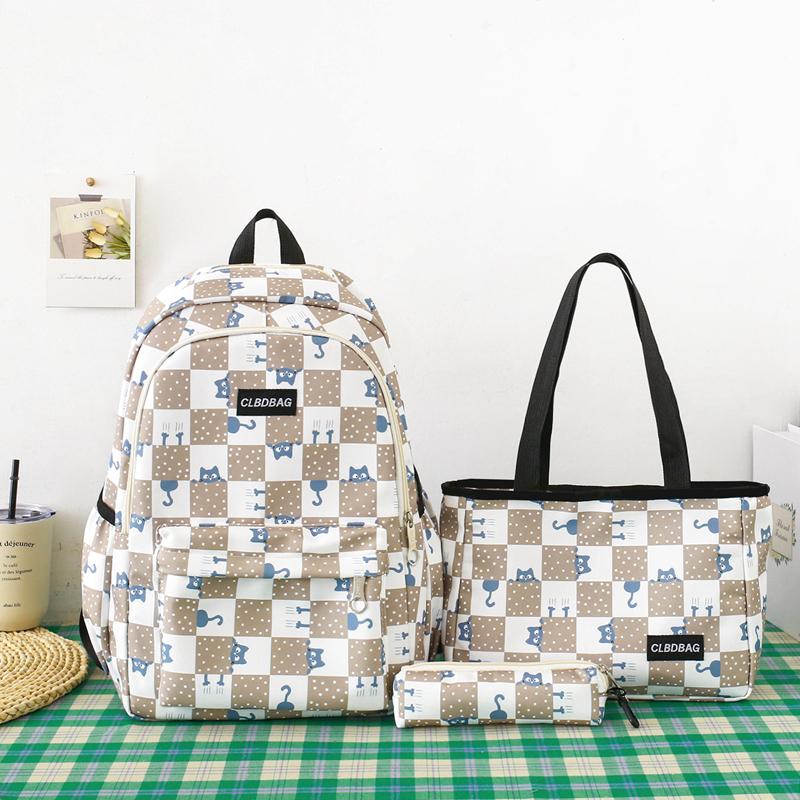 Three-Piece Backpack Set Large Capacity Student Schoolbag Junior High School Student Checkerboard Backpack with Lunch Bag Pen Bag