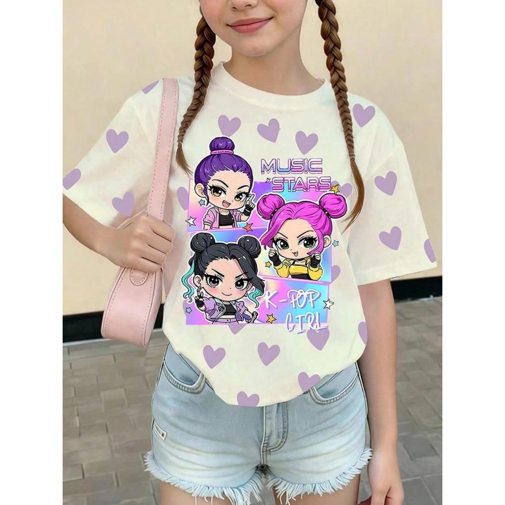 Kpop Cartoon Graphic Girls T-Shirt Casual Round-Neck T-Shirt Suitable for Girls Kids Gift Short Sleeve Tops Children's Clothing