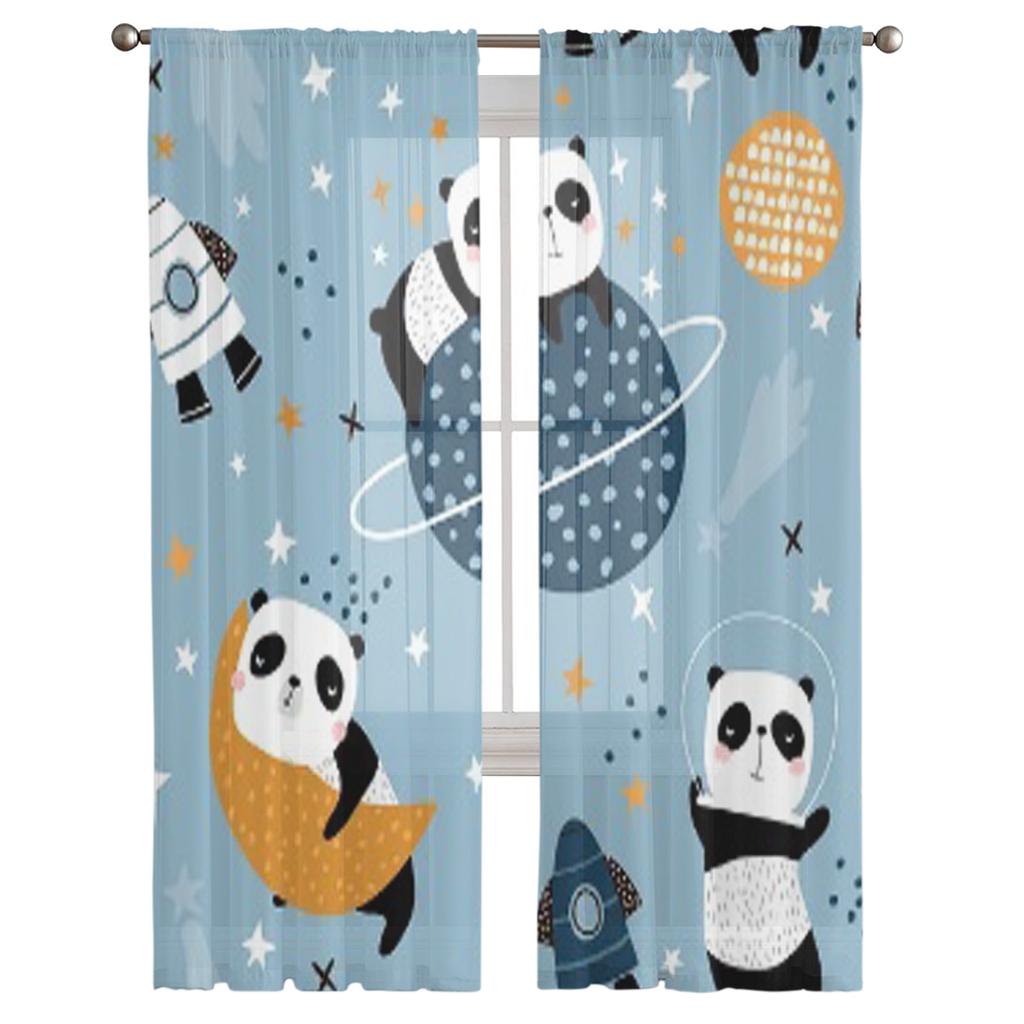 Slepping Pandas On Moons And Starry Sky Chiffon Sheer Curtains for Living Room Bedroom Decoration Window Voiles Tulle Curtain