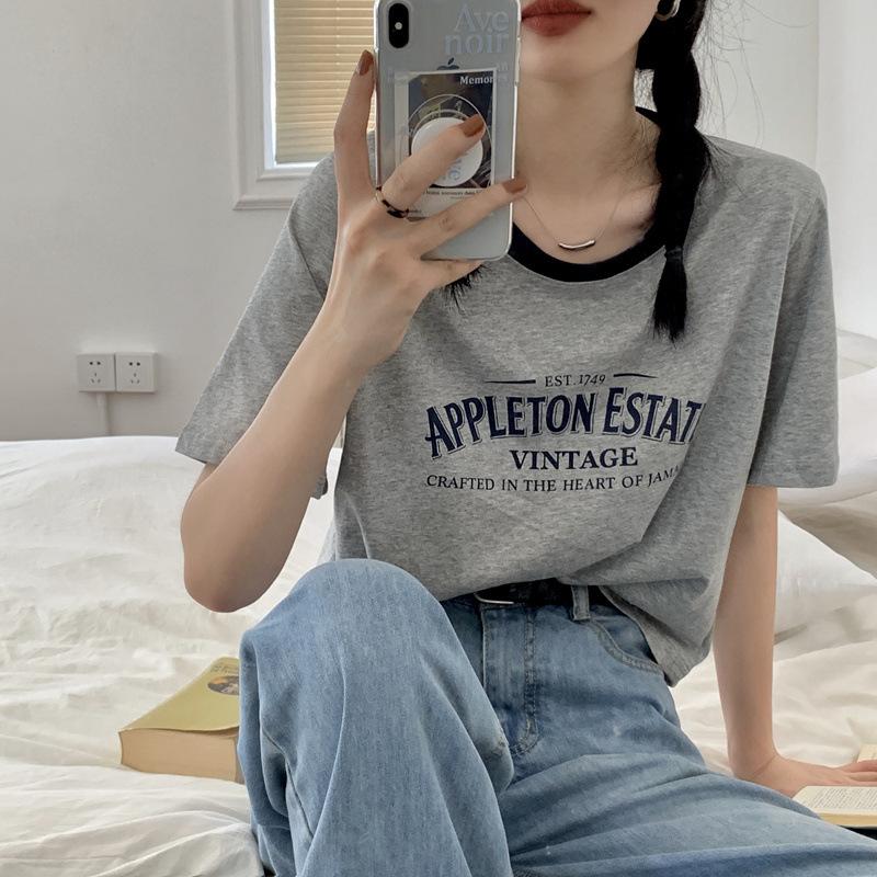 

Контрастный цвет круглый вырез короткий рукав футболка для женщин летний буквенный принт свободный короткий ретро студенческий топ 2XL серый