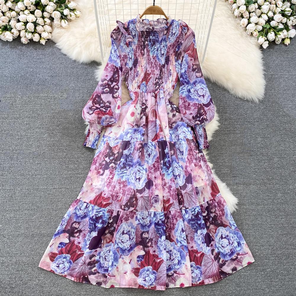 Tingfly Kobiety Moda Kwiatowy Nadruk Marszczony Elastyczny Szyfon Midi Długie Sukienki Pani Bohemska Zwiewna Codzienna Uliczna Sukienka Elbise Robes