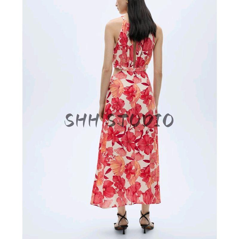 Summer New Arrival Women's Clothing French Vacation Style Open Back Hanging Collar Cut Out Print Dress 87092531