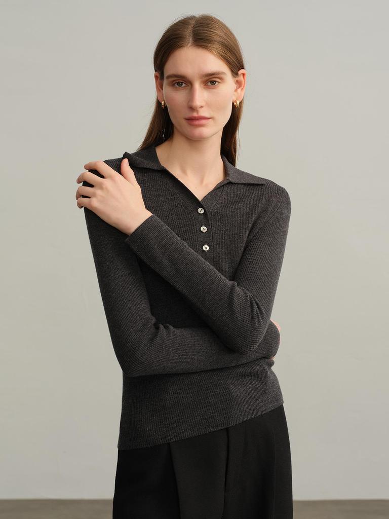 Women's Polo Collar 100% Wool Sweater: Autumn/Winter Cable Knit Stylish Base Layer
