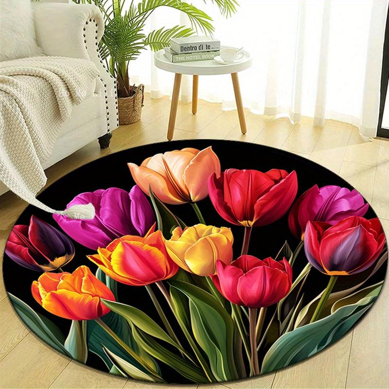 Tulip Print Round Area Rug - Non-Slip Polyester Chair Mat for Bedroom, Living Room - Decorative Floral Crystal Velvet Carpet