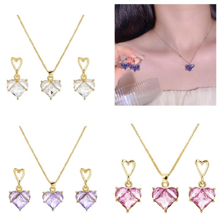 Chic Women Jewelry Set Heart Shape Crystal Necklace Heart Pendant Earrings