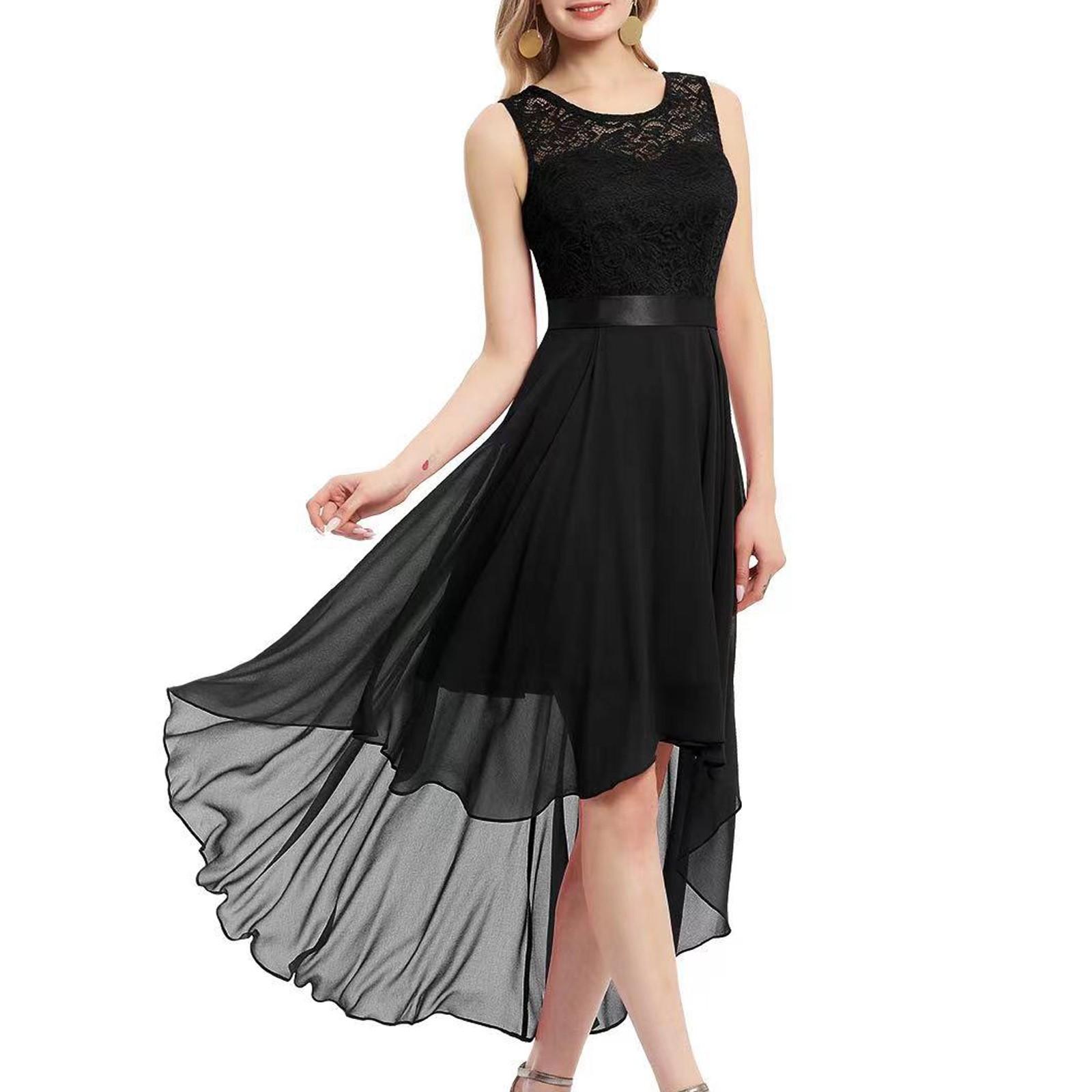 

Женское сексуальное кружевное лоскутное шифоновое платье, однотонное вечернее платье без рукавов с круглым вырезом L чёрный